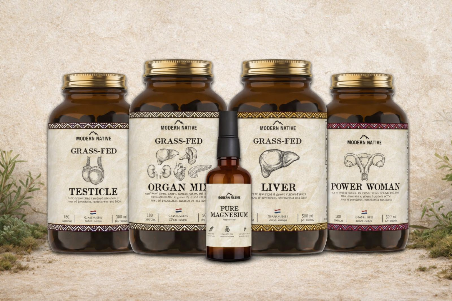 Řada orgánových suplementů Modern Native z grass-fed skotu – játra, organ mix, býčí žlázy, power woman a hořčík, aranžované na přírodním neutrálním pozadí.